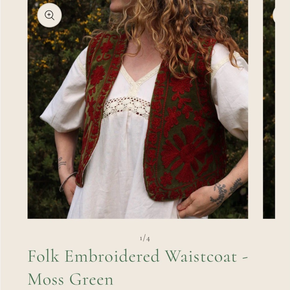 Folk Embroidered Waistcoat Vest in Moss Green and Red